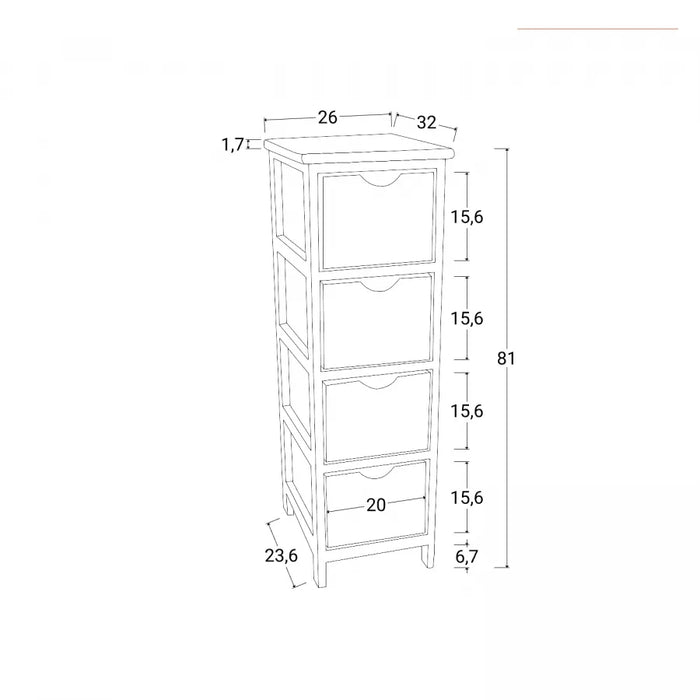 Discor Chest of 4 Drawers in Paulownia Wood 26x81 cm