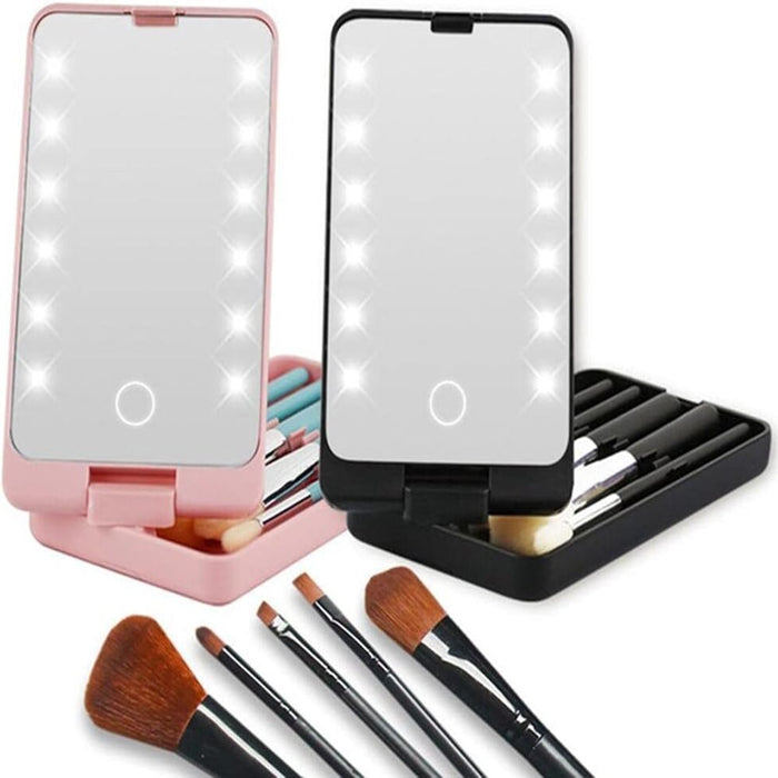 Travel Make Up Mirror, Portable Led Makeup Mirror With Makeup Container