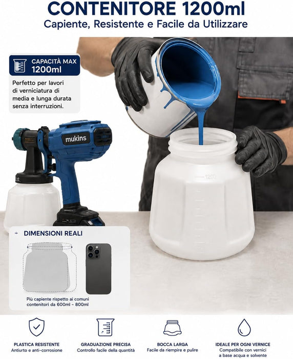 Pistola a Spruzzo Vernice a Batteria 800W 1200 ml 3 Ugelli con 2 Batterie