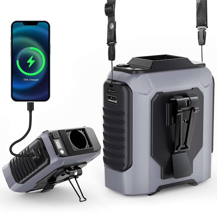 AirGo 5-in-1 Portable Fan - Rechargeable Power Bank, Clip, LED Flashlight and Table Stand