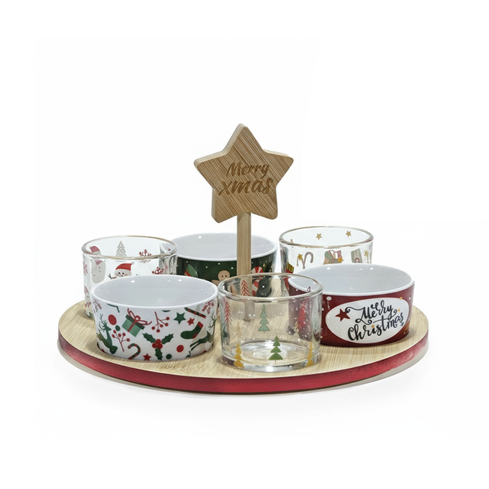 Antipastiera Natalizia 6 Ciotoline con Base Bamboo e Stella Decorativa