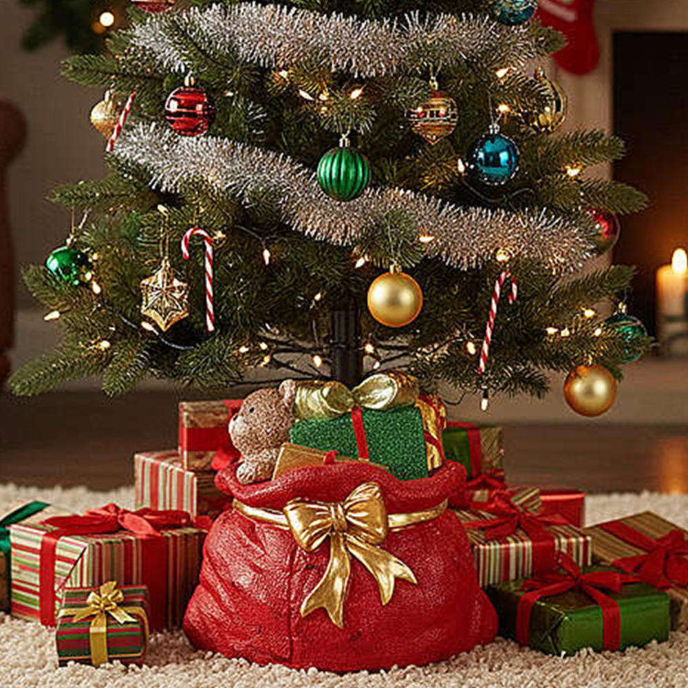 Base Per Albero Di Natale A Forma Di Sacco Rosso Con Regali – Per Alberi 120-180 Cm, Diametro Interno 3,5 Cm, Decorativa E Stabile