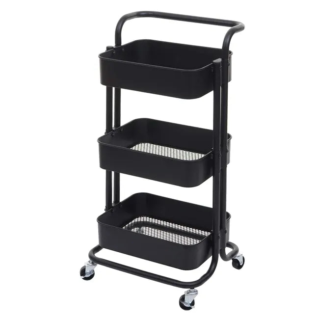 Carrello portatutto con 3 ripiani e ruote, variante colore nero, vista prodotto.