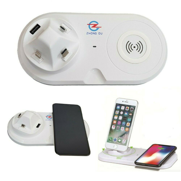 Dock Station di Ricarica Universale 5 in 1 USB, Lightning, Micro, Type-C e Wireless Fast Charge