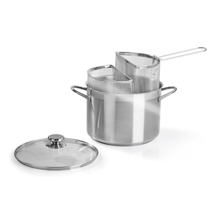 Pentola Acciaio con Doppio Cestello con Coperchio in Vetro