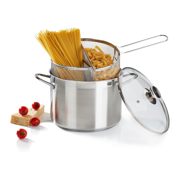 Pentola Acciaio con Doppio Cestello con Coperchio in Vetro
