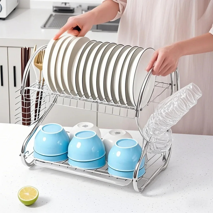 Scolapiatti a 2 Livelli Grande Capacità  con Supporto Antiscivolo