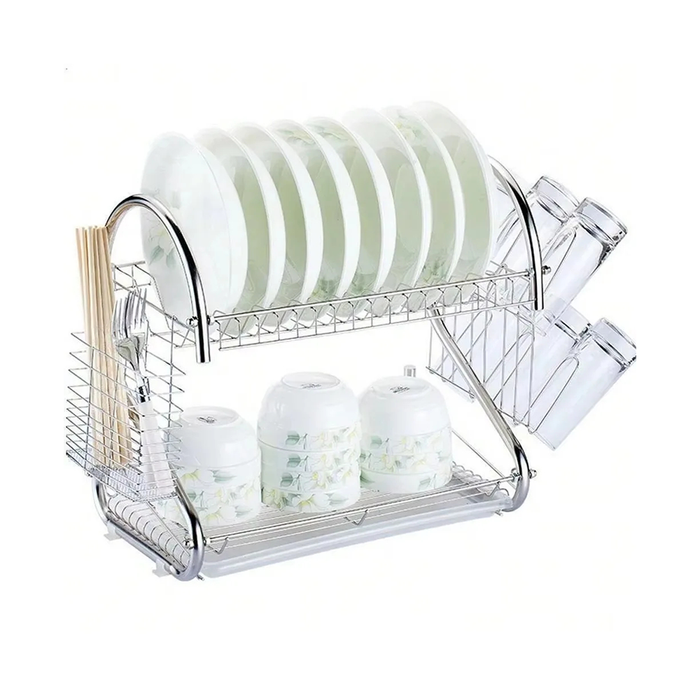 Scolapiatti a 2 Livelli Grande Capacità  con Supporto Antiscivolo