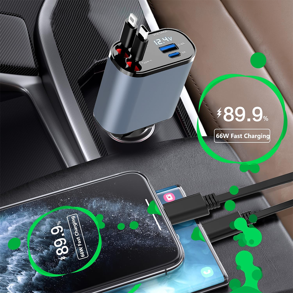 Ofottofo Retrattile Caricatore Auto Accendisigari, Caricatore da Auto USB C Veloce 66W per Telefono, Doppio Cavo e 2 Porte Compatibile con iPhone, Google Pixel, Samsung Galaxy, Due Modalità Luce nero