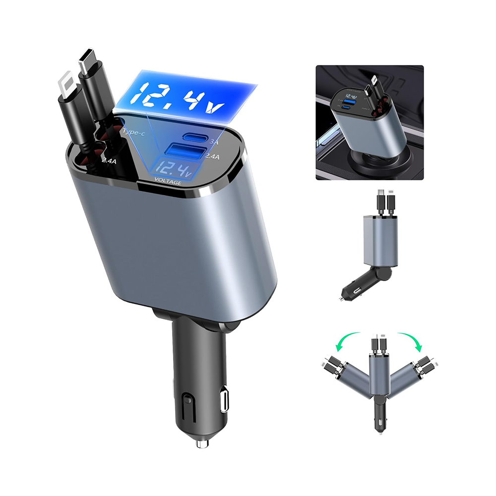 Caricatore Auto Retrattile 4 in 1 con Cavi Integrati Type-C e Lightnin