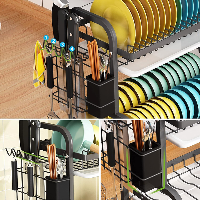 Scolapiatti Salvaspazio a 2 Ripiani in Acciaio con Portautensili