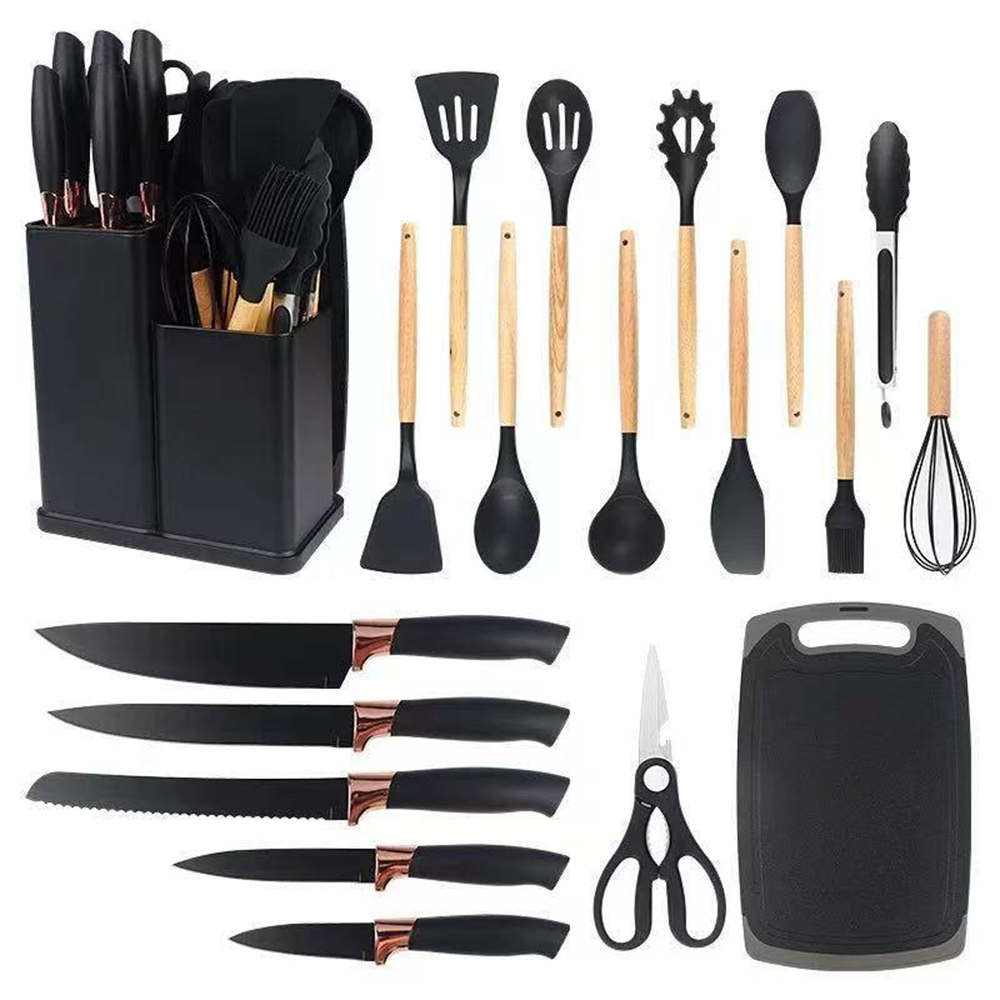 Set di utensili da cucina antiaderenti, in silicone resistente al calore, con manico in legno, mestoli, cucchiai e spatole, utensili da cucina e accessori, 35 pezzi, nero Nuovva
