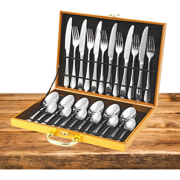 Set Posate Acciaio Inox 24 Pezzi con Custodia in Legno