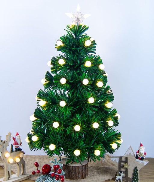 Albero di Natale in fibra ottica 60 cm con LED bianco caldo e base tronco in legno