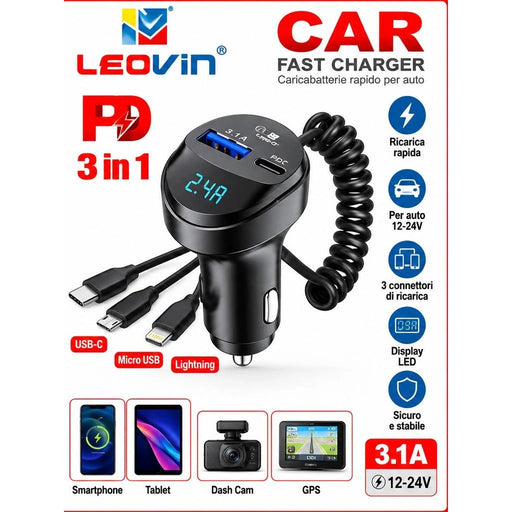 Caratteristiche caricabatterie auto USB-C Micro USB Lightning 3.1A