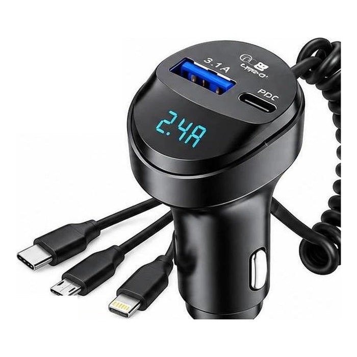 Caricabatterie auto 3 in 1 con cavo a spirale e display LED