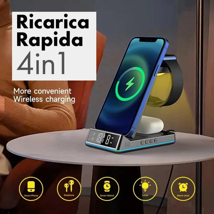 Charge Master 4 in 1 Stazione di Ricarica Senza Fili con Sveglia