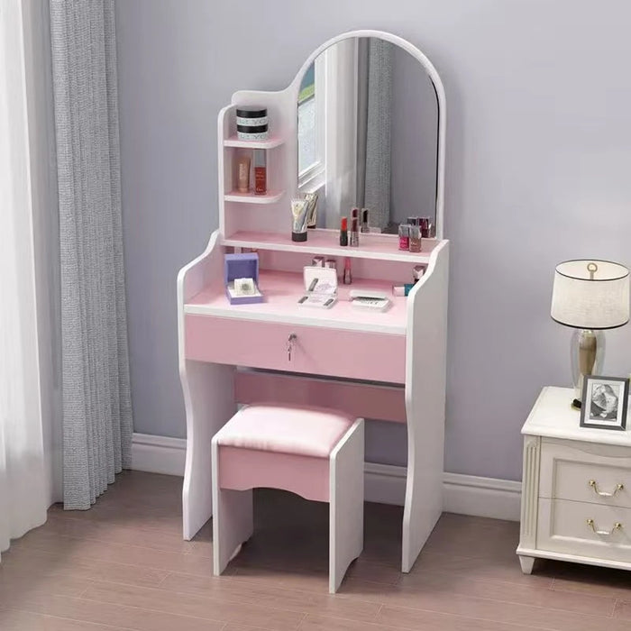 Tavolo trucco con specchio ad arco rosa e sgabello
