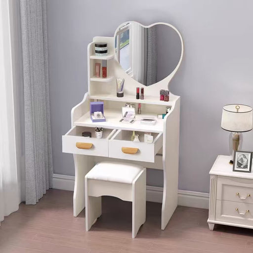 Tavolo trucco con specchio a cuore bianco e sgabello