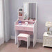 Tavolo trucco con specchio rettangolare rosa e sgabello