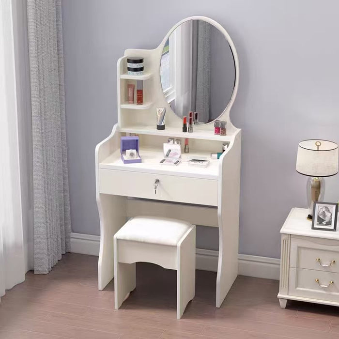 Tavolo trucco con specchio tondo bianco e sgabello