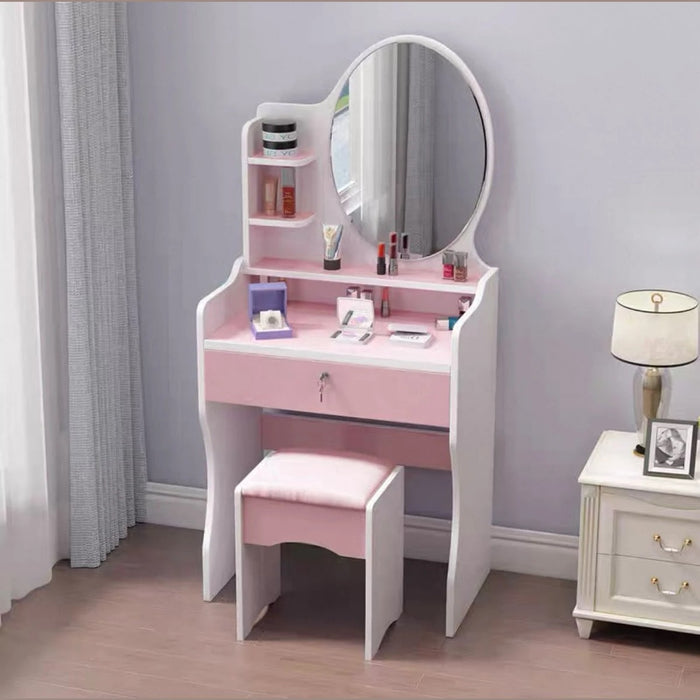 Tavolo trucco con specchio tondo rosa e sgabello