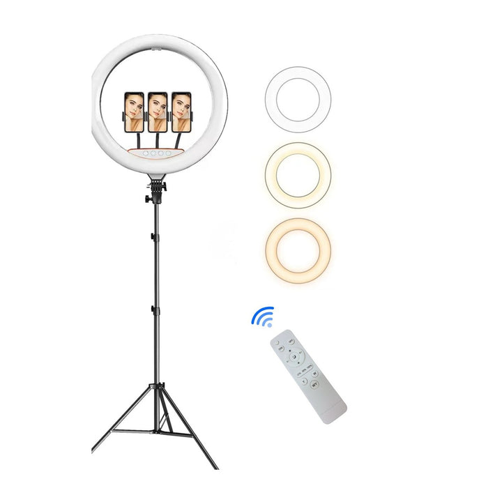 Ring light LED 45 cm con treppiede, 3 porta smartphone e 3 tonalità di luce