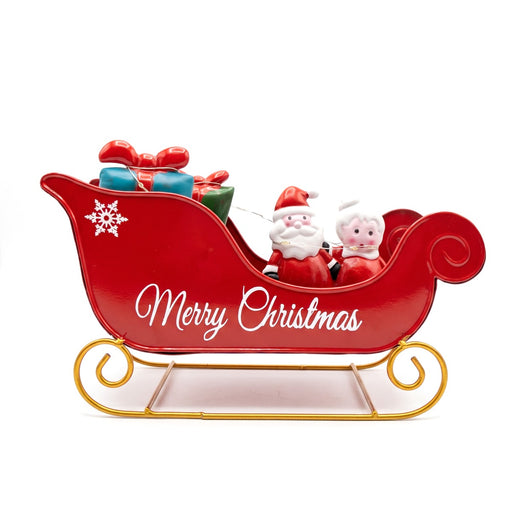 Slitta natalizia rossa Merry Christmas con Babbo e Mamma Natale