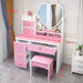 Toeletta rosa con specchio a cuore, 6 cassetti e sgabello, misure 80x33x122 cm